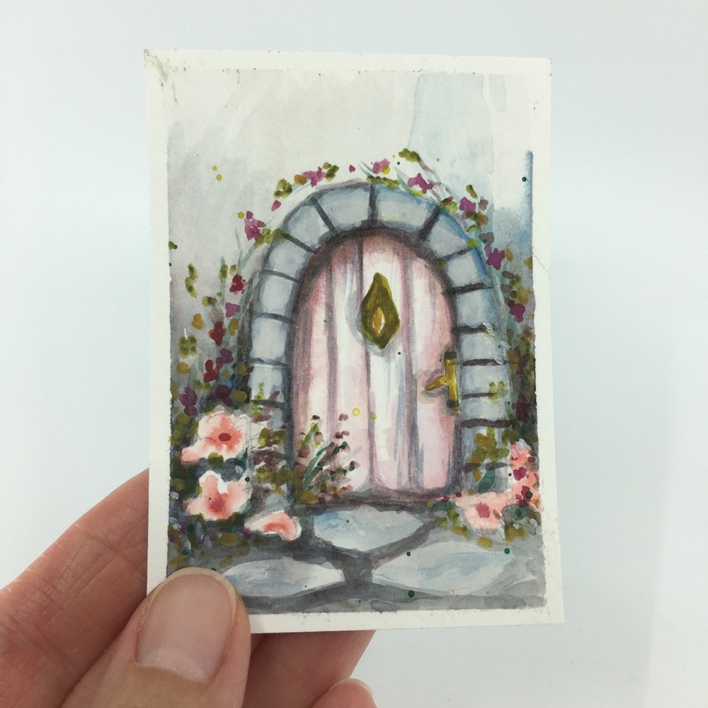 Pink Garden Door Watercolor Art Print - Elegant Floral Entry
